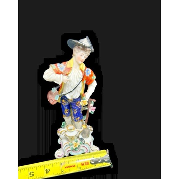 Antique Porcelain Figurine Chelsea Gold Anchor Mark Gardener Shovel Watering Can - Picture 9 of 11